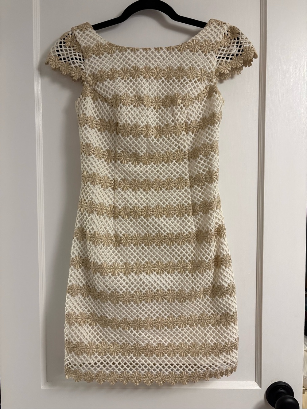 Lilly Pulitzer White and Gold Embroidered Lace Shift Dress